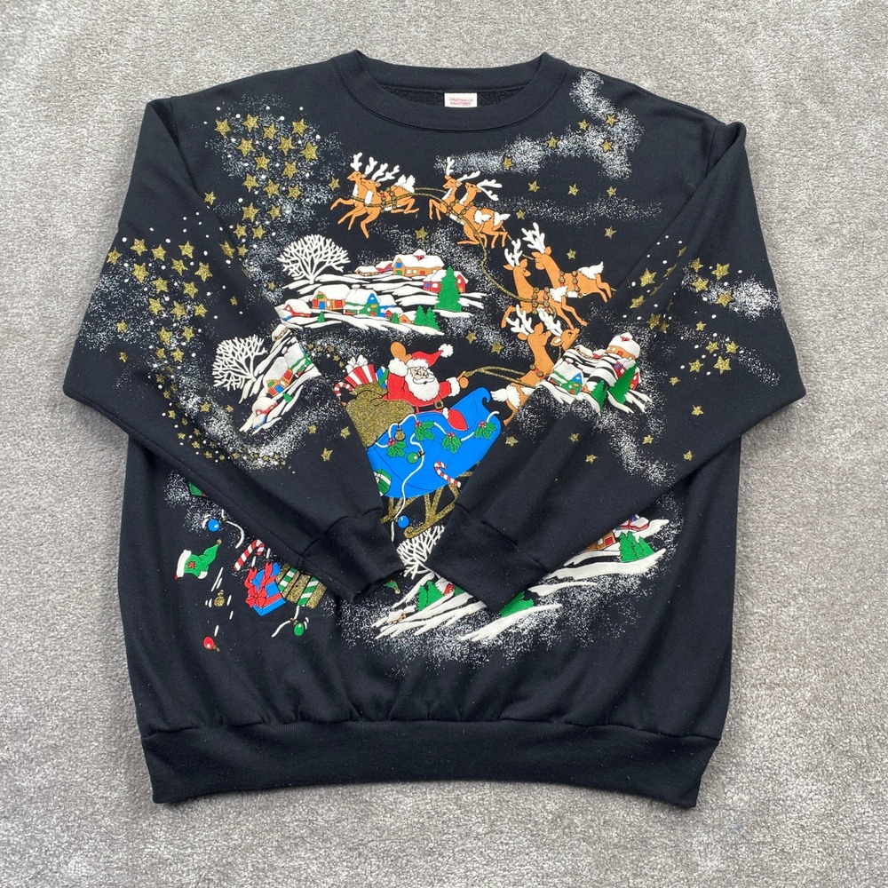 Vintage Christmas on Mainstreet Santa Sleigh Puff Print Sweatshirt Black Large